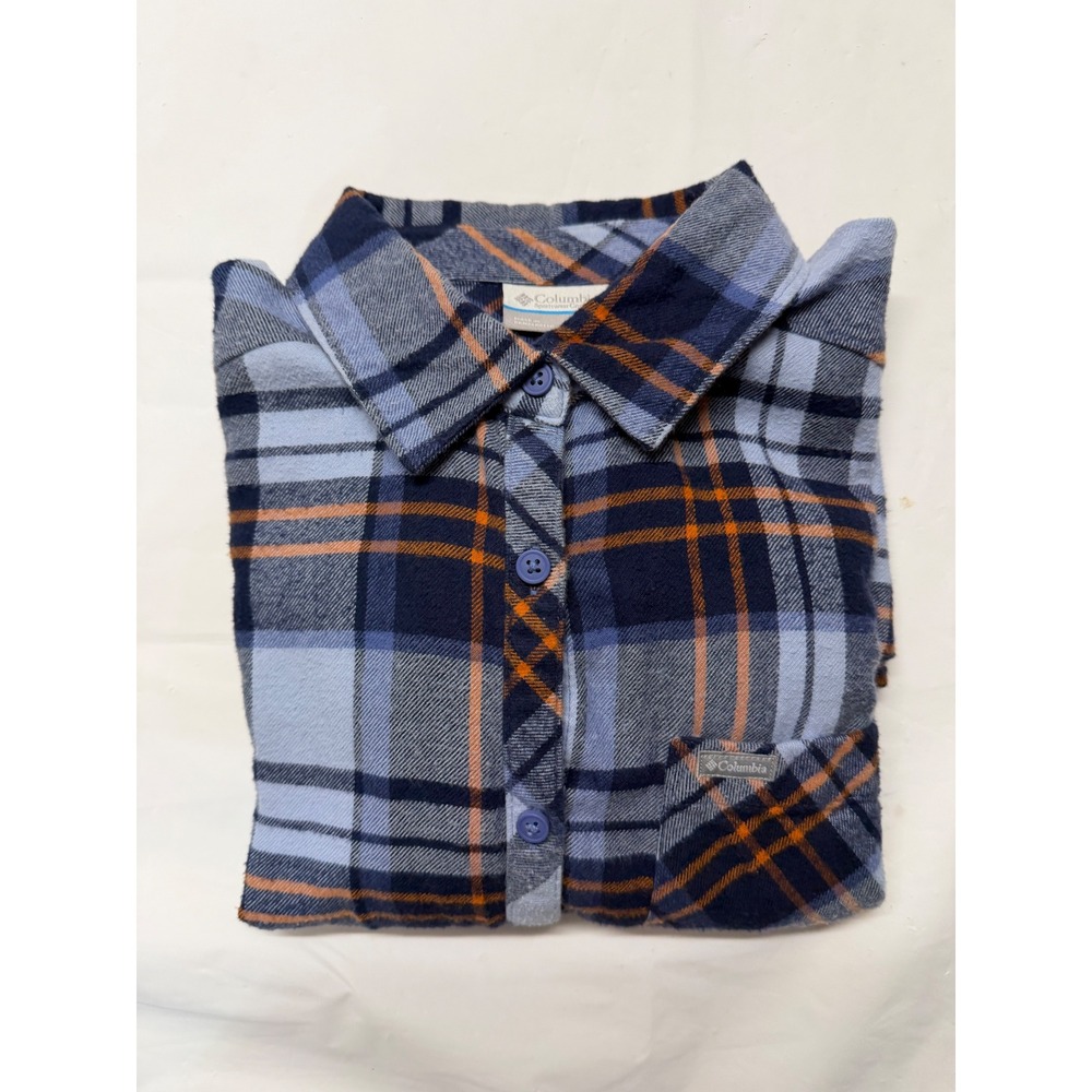 Columbia Womens Blue Orange Plaid Flannel Button Down Shirt Size S 3400‎